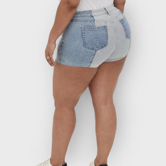 Torrid 24 Raw Hem Jean Shorts Patchwork Panel Light Wash Casual Plus Denim - Picture 8 of 8